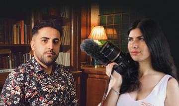 A composite image of a man sat in a floral shirt in a library and a woman with dark hair holding a camera on her shoulder