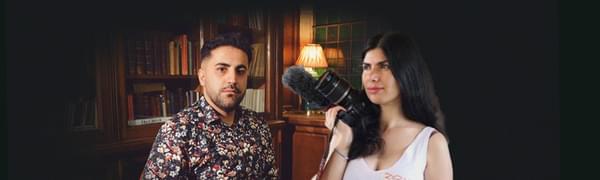 A composite image of a man sat in a floral shirt in a library and a woman with dark hair holding a camera on her shoulder