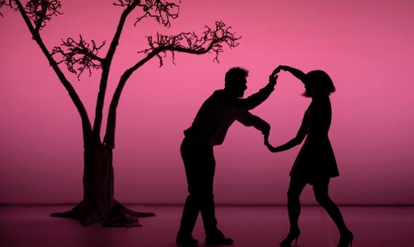 Two people in silhouette holding hands and waving their arms against a pink background next to a tree