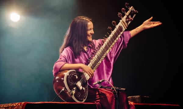 A woman in a purple silk dress sits playing the sitar.