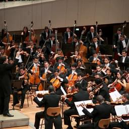 An orchestra dressed all in black sit on a wooden stage with a conductor stood on a block in the centre of them