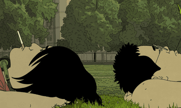 Two animated characters lie on grass with skyline in background in Art College 1994.