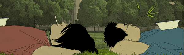 Two animated characters lie on grass with skyline in background in Art College 1994.