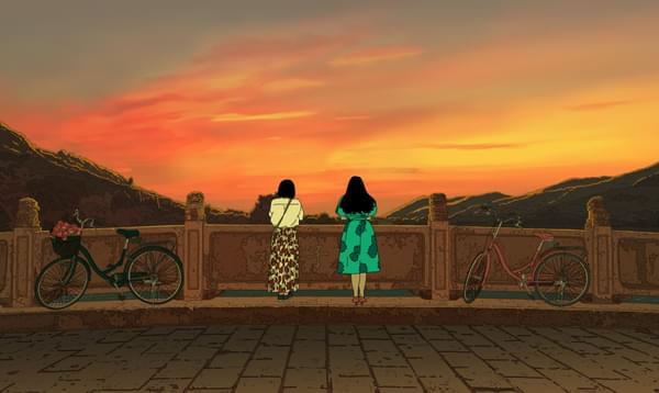 Two animated characters stand out in full colour as they stare out at a beautiful sunset
