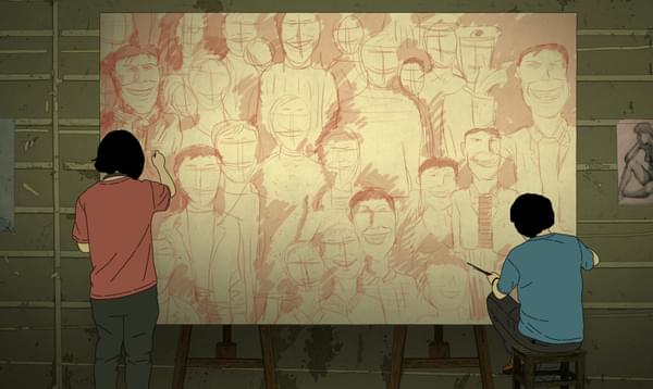 Two animated characters collaborate on a painting