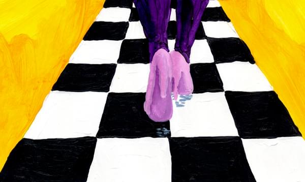 Animated heels walking on a checkered floor