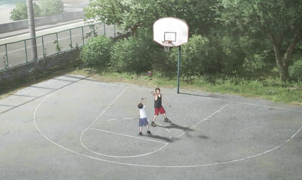 Animated characters stand by a basketball net and try to score