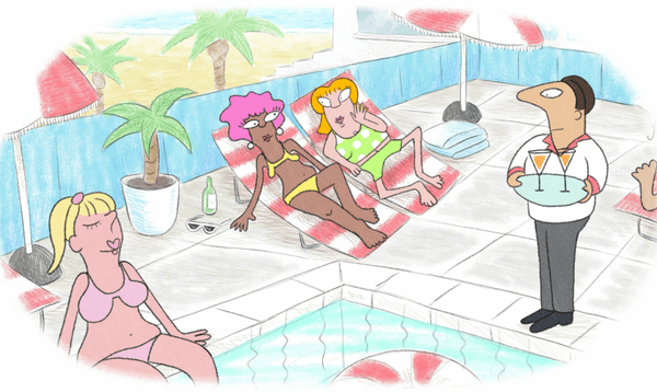 Flashback of Milly and June on holiday, lying by the pool.