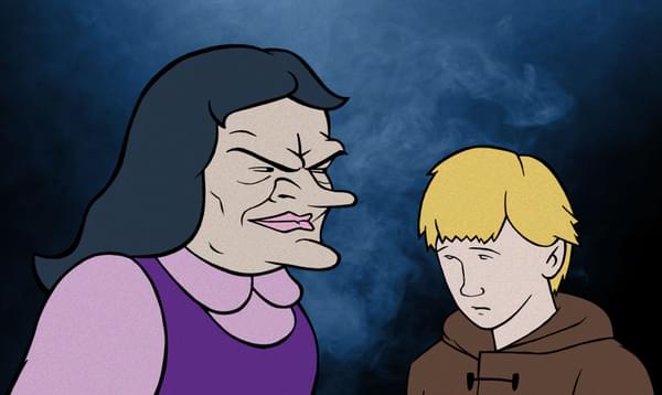 A witchy animated woman stares grimly at a sad, blonde child