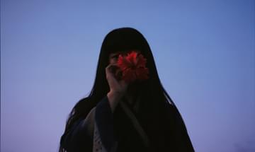 A woman with long black hair covers her face with a hibiscus flower. Behind her, the sky is purple.