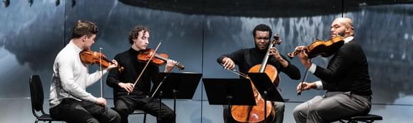 Four young men play instruments as part of a string quartet. They sit on a stage and behind them there is an image of four walkers hiking between lakes and mountains