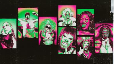 Images of eight drag artists with a pink and green filter in boxes against a black background.