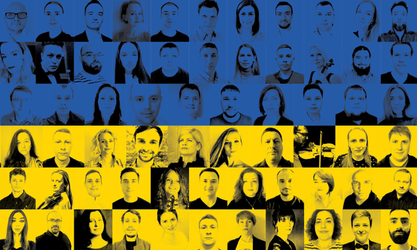 The blue and yellow Ukrainian flag, with square black-and-white photographs of the musicians' faces superimposed in rows across it.