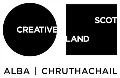 Creative Scotland logo. Creative Scotland in white text against a black circle and square, Alba Chruthachail below in black text against a white background.