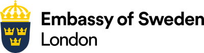 Embassy of Sweden London written in black text next to a crest with of blue with gold crowns