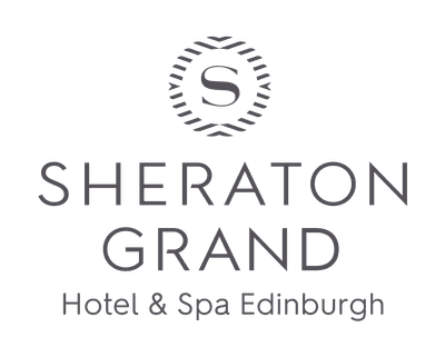 Dark grey text on a white background reading 'Sheraton Grand, Hotel & Spa Edinburgh'.