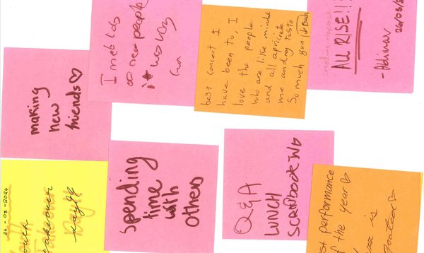 Pink and orange post-it notes are stuck all over a page, with things written on them like Spending Time with Others and Making New Friends.