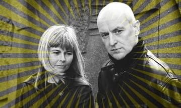 A man and woman pictured in black and white, overlaid with a swirling yellow graphic